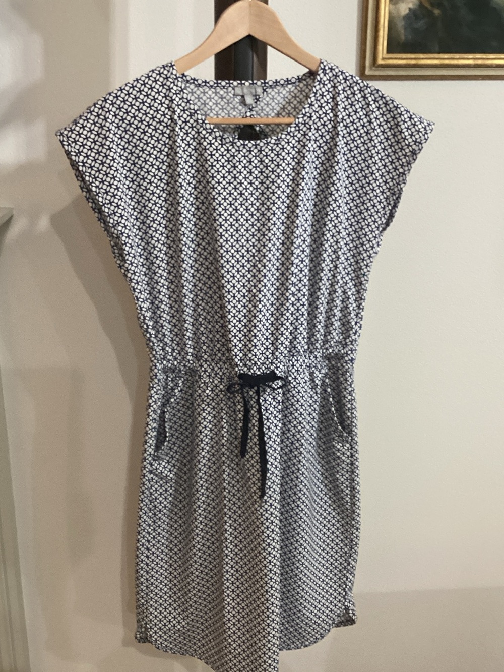 Talbots T by Talbots  Navy Blue White Geometric Drawstring Dress Small Petite